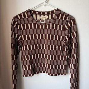 Madewell Checkered Brown and Cream Long Sleeve Top